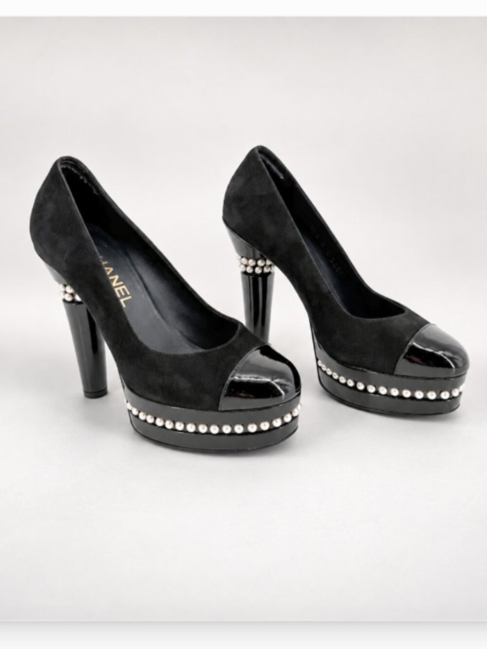 Chanel Pearl Platform Pumps Heels Cap Toe Black Suede Size 38 US 8.5